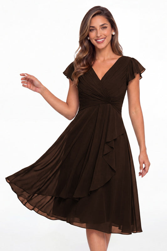 Brown V Neck Chiffon Flutter Sleeve Short Bridesmaid Dress - Front View