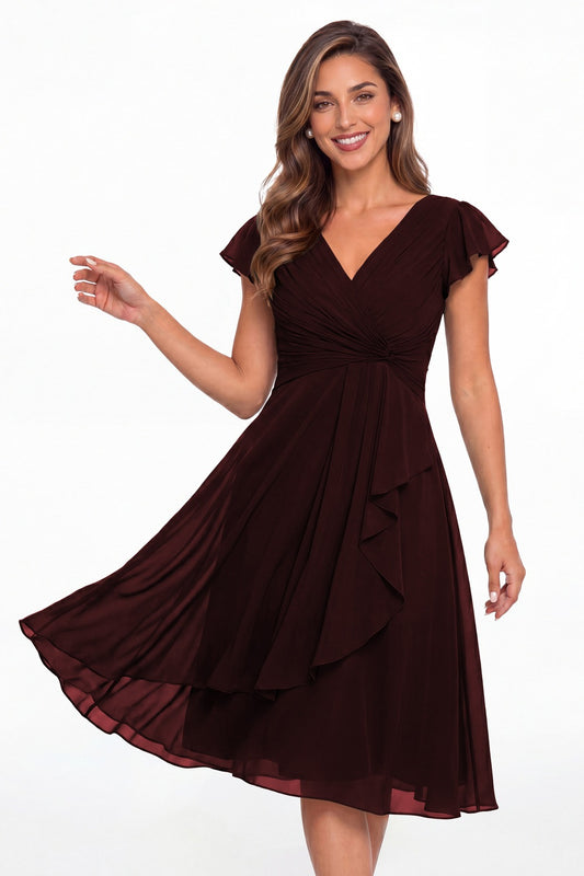 Burgundy V Neck Chiffon Flutter Sleeve Short Bridesmaid Dress - Front View