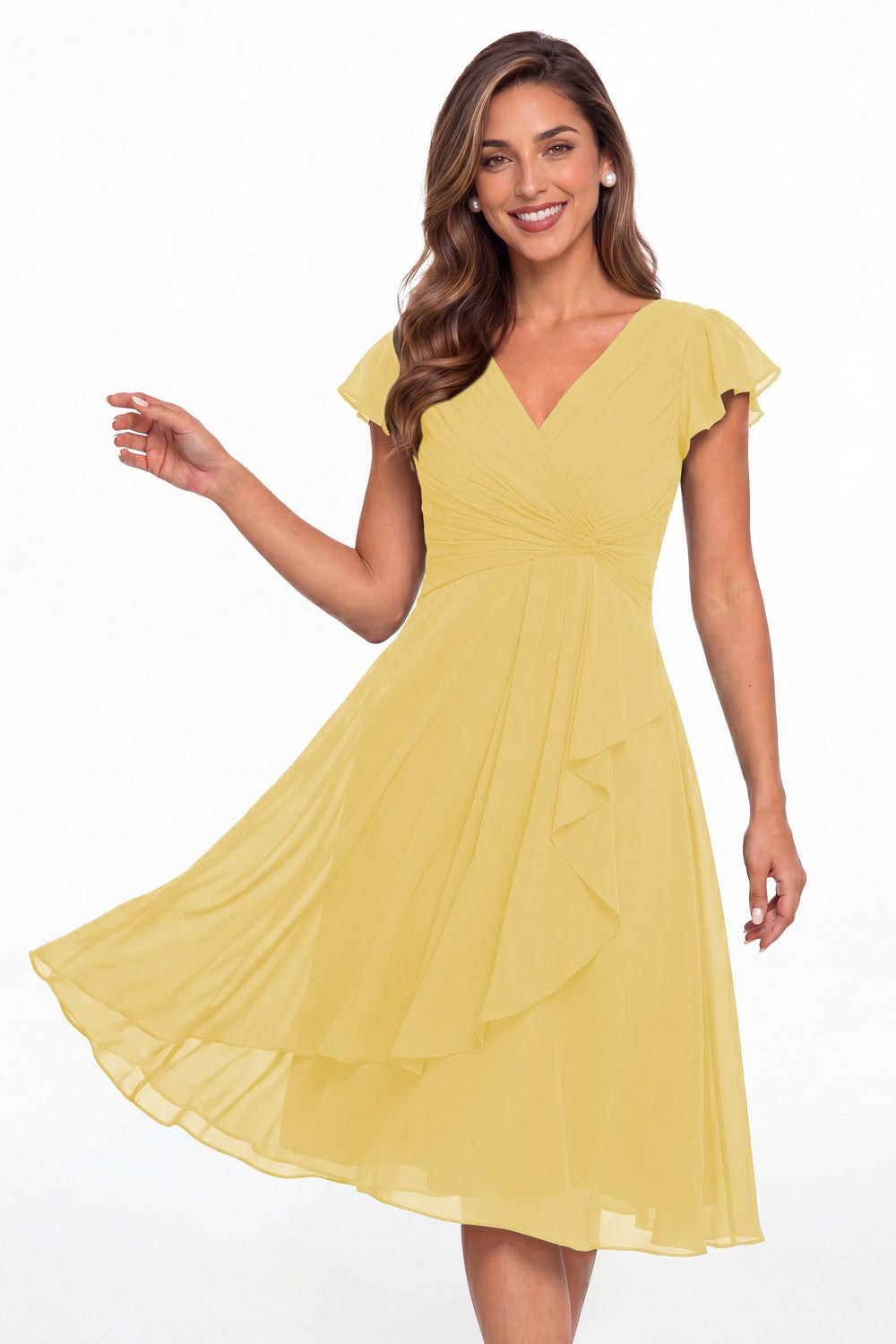 Butter Yellow V Neck Chiffon Flutter Sleeve Short Bridesmaid Dress - Front View