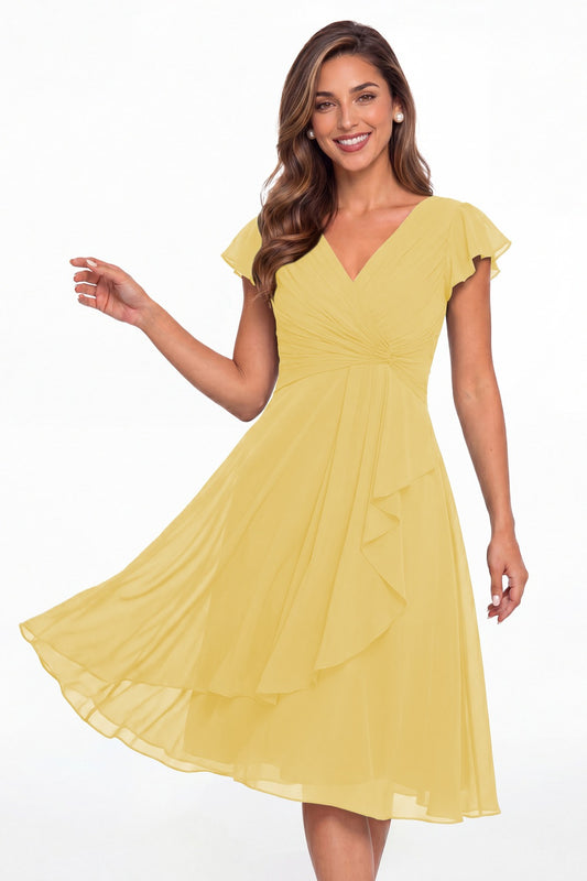 Butter Yellow V Neck Chiffon Flutter Sleeve Short Bridesmaid Dress - Front View