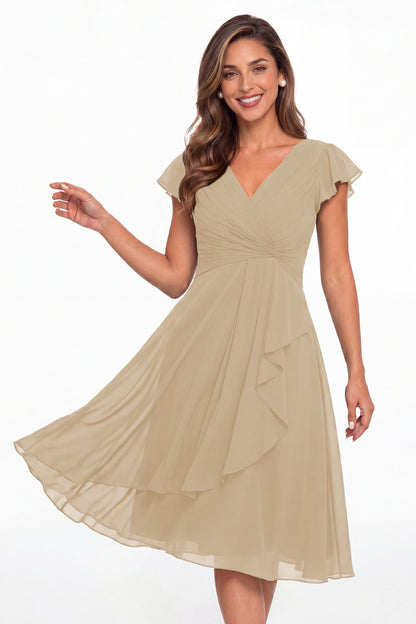Champagne V Neck Chiffon Flutter Sleeve Short Bridesmaid Dress - Front View