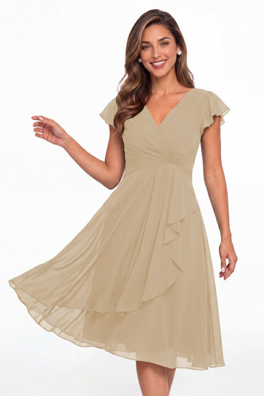Champagne V Neck Chiffon Flutter Sleeve Short Bridesmaid Dress - Front View