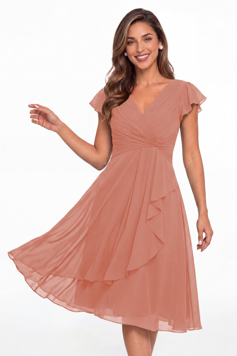 Coral V Neck Chiffon Flutter Sleeve Short Bridesmaid Dress - Front View
