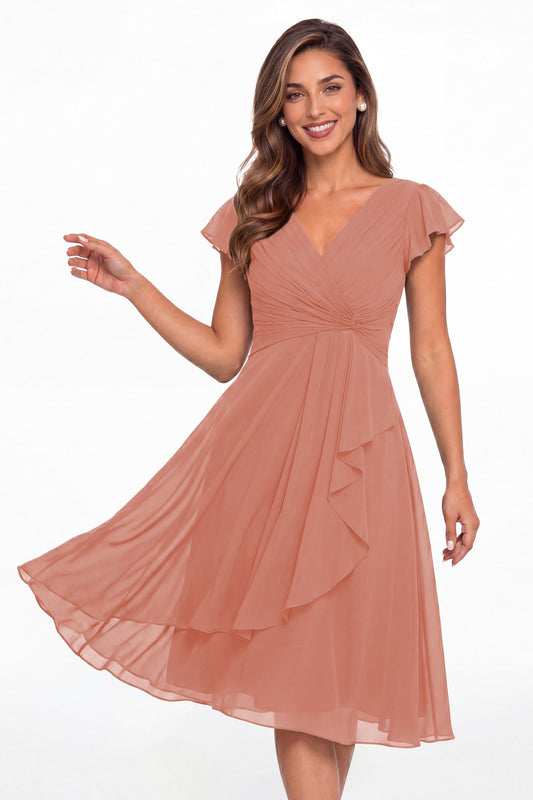 Coral V Neck Chiffon Flutter Sleeve Short Bridesmaid Dress - Front View