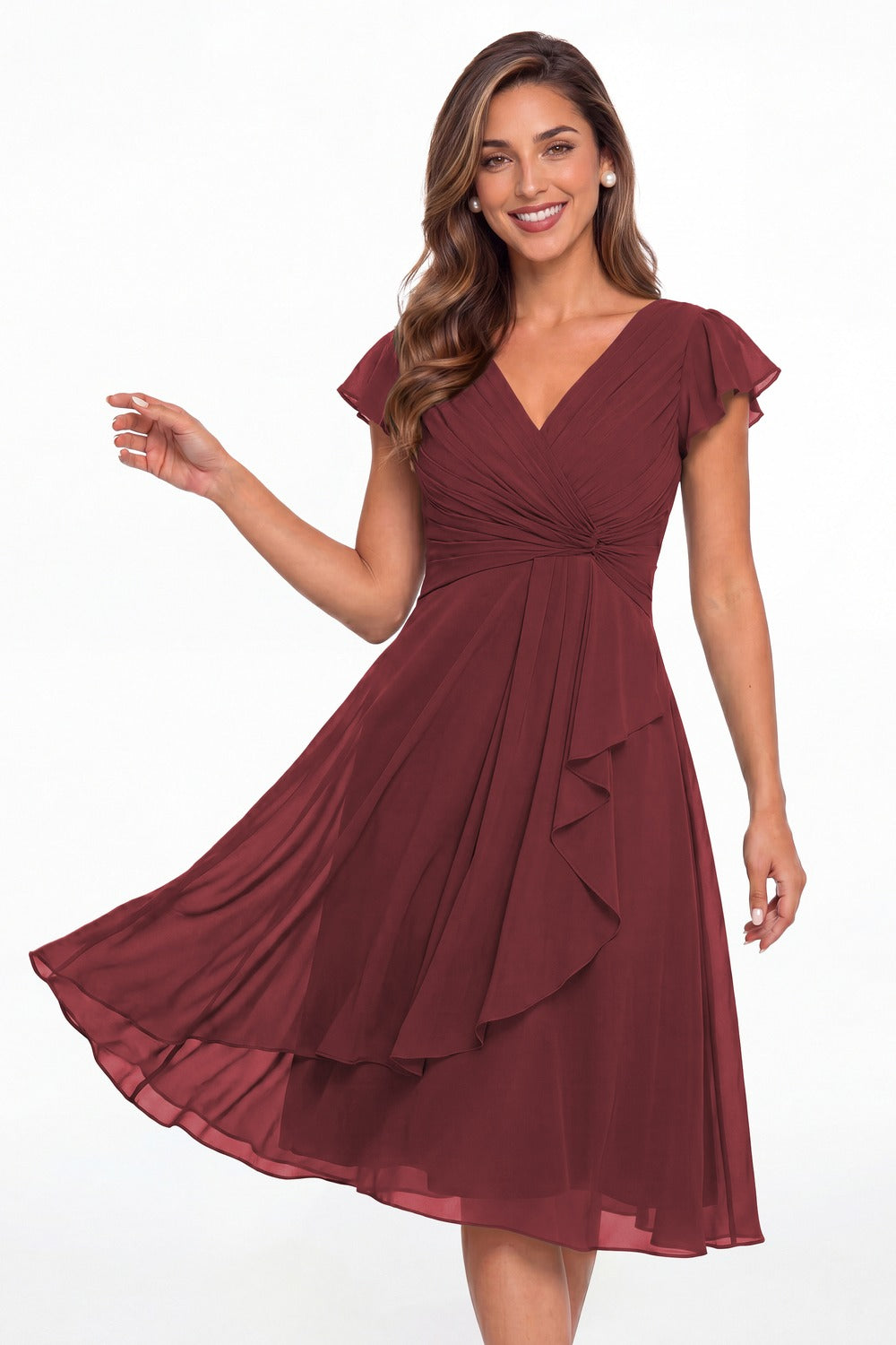 Desert Rose V Neck Chiffon Flutter Sleeve Short Bridesmaid Dress - Front View
