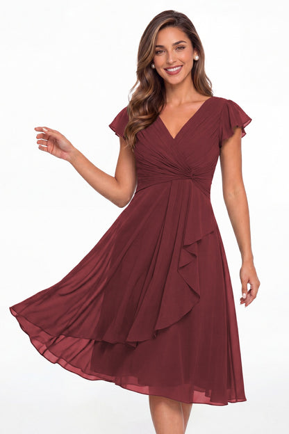 Desert Rose V Neck Chiffon Flutter Sleeve Short Bridesmaid Dress - Front View