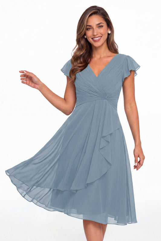 Dusty Blue V Neck Chiffon Flutter Sleeve Short Bridesmaid Dress - Front View