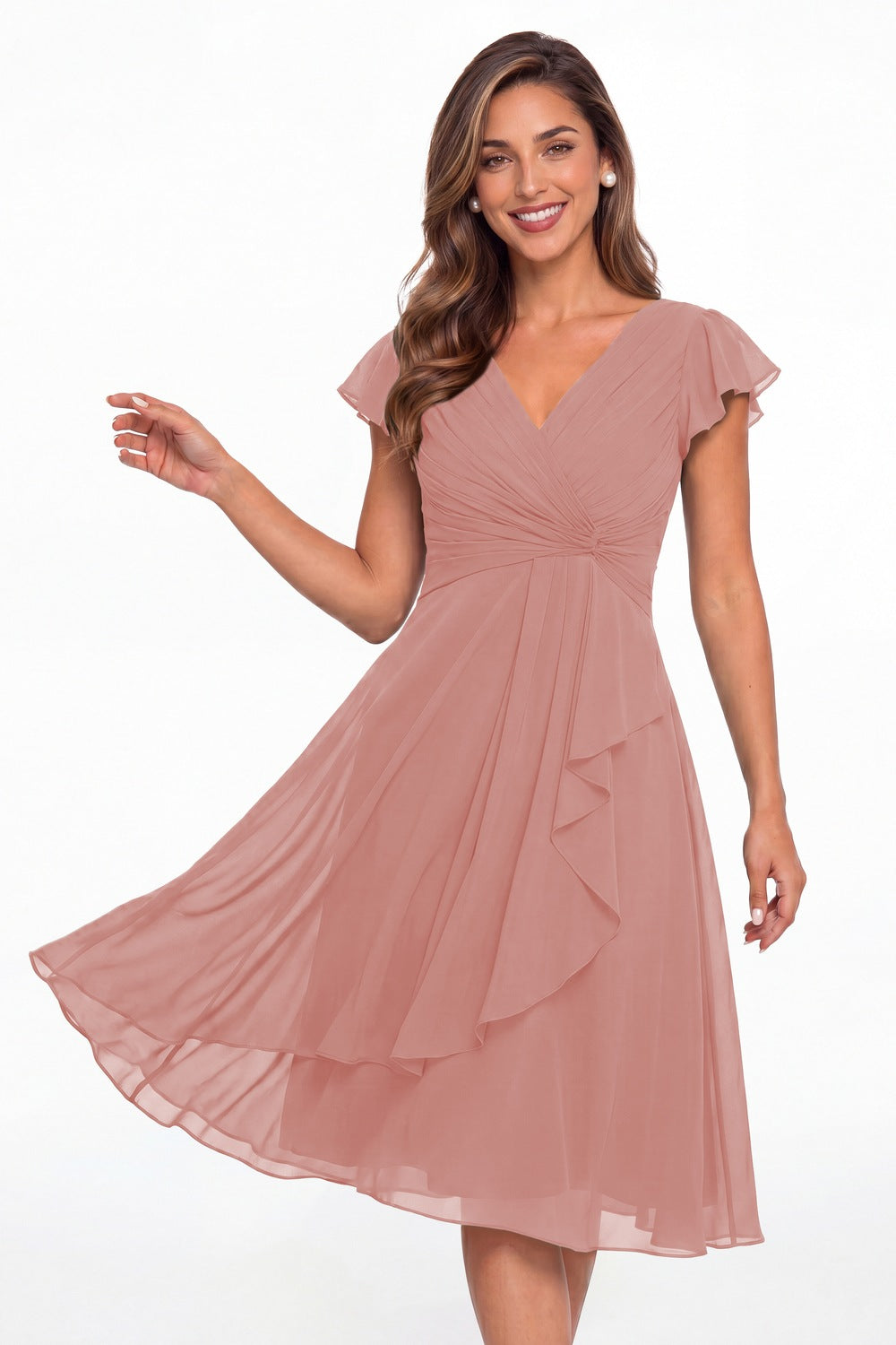Dusty Rose V Neck Chiffon Flutter Sleeve Short Bridesmaid Dress - Front View