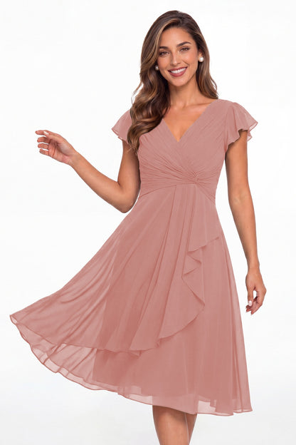 Dusty Rose V Neck Chiffon Flutter Sleeve Short Bridesmaid Dress - Front View