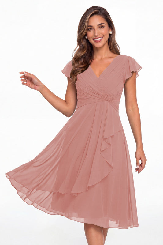 Dusty Rose V Neck Chiffon Flutter Sleeve Short Bridesmaid Dress - Front View