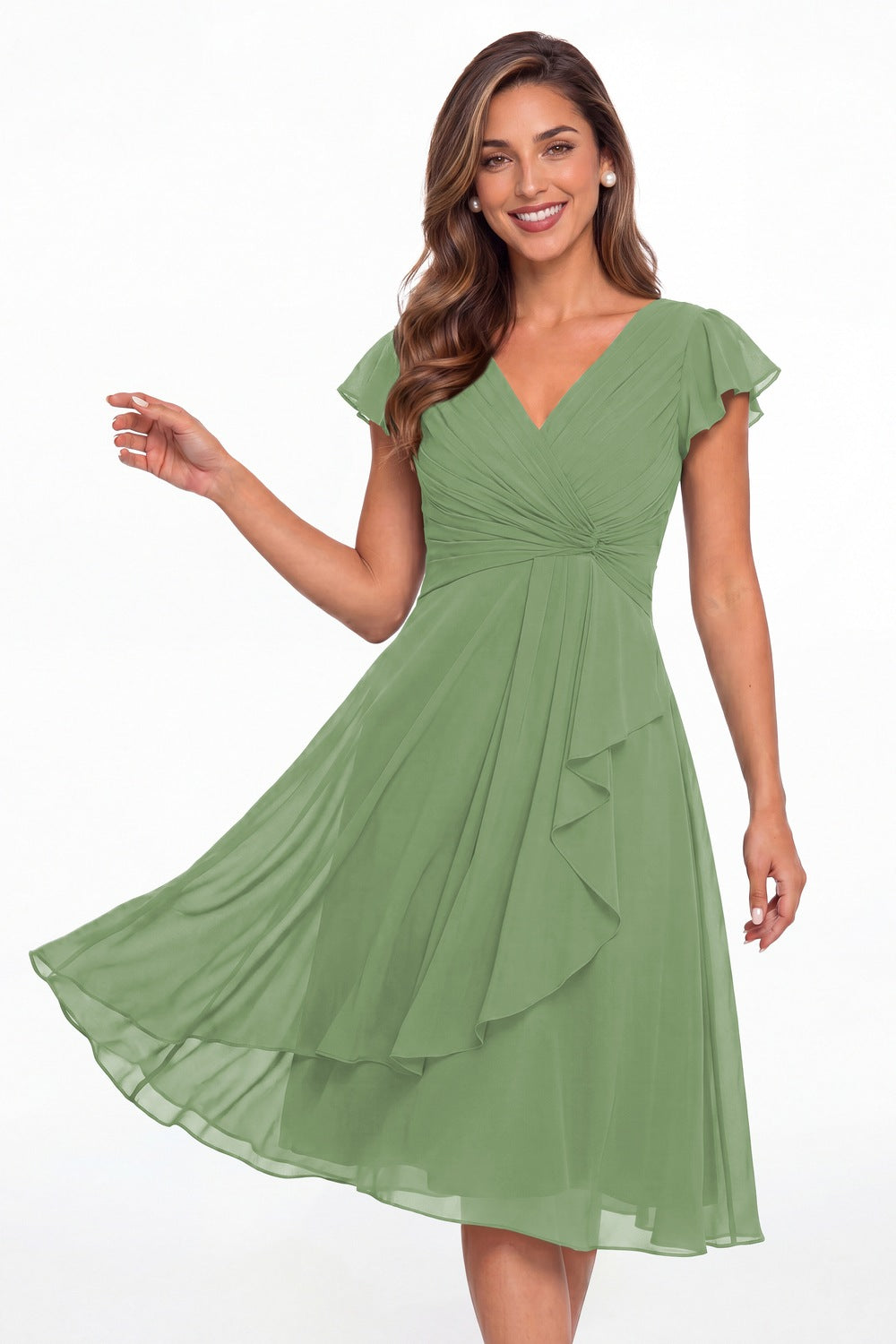 Dusty Sage V Neck Chiffon Flutter Sleeve Short Bridesmaid Dress - Front View