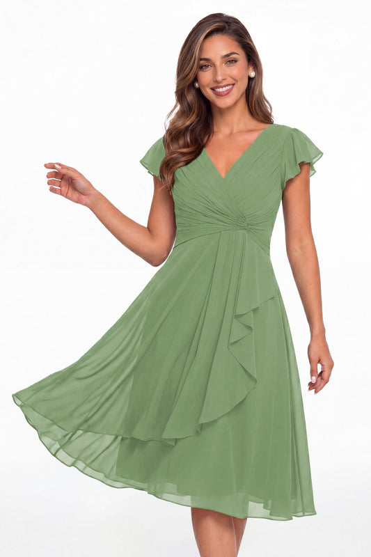 Dusty Sage V Neck Chiffon Flutter Sleeve Short Bridesmaid Dress - Front View
