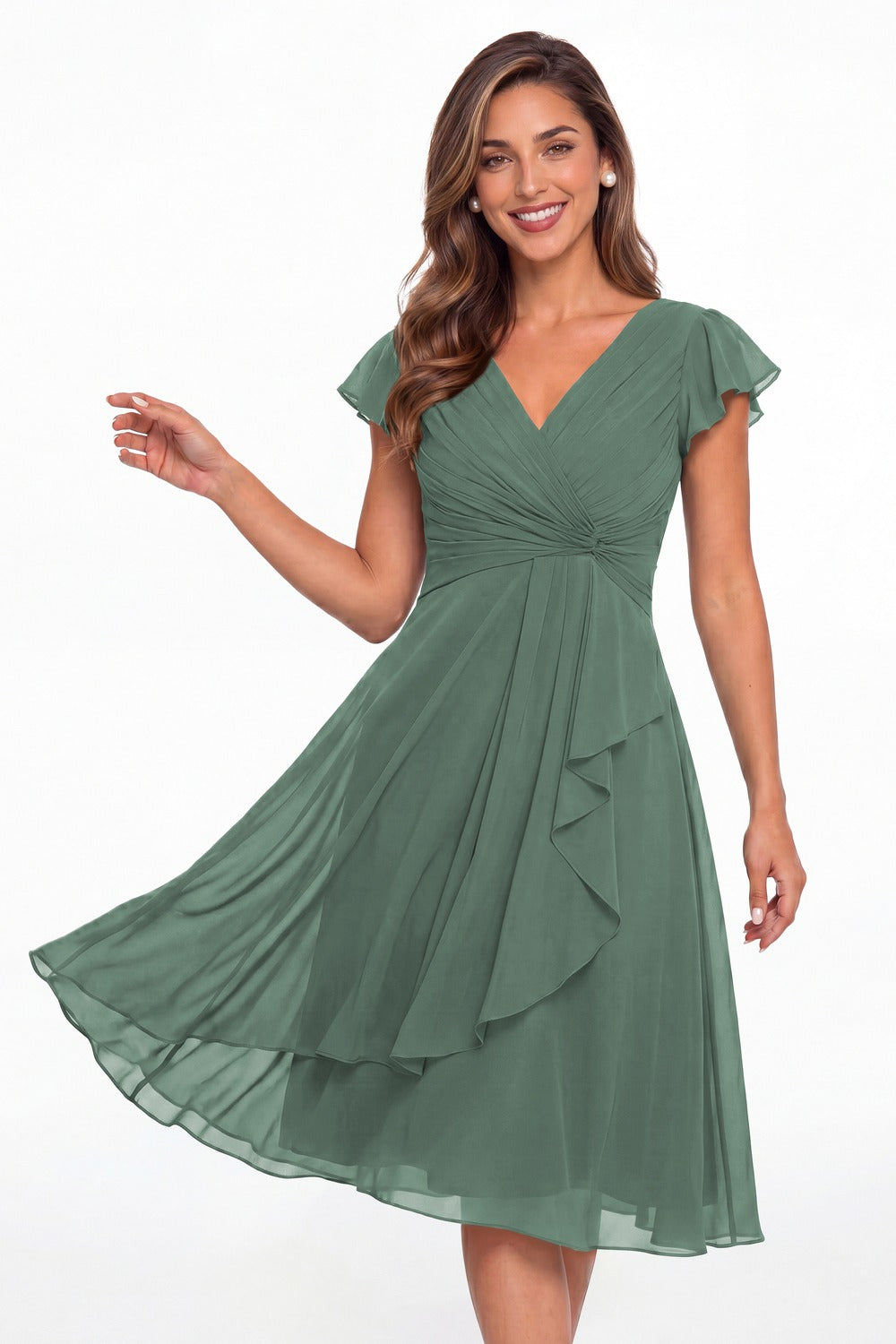 Eucalyptus V Neck Chiffon Flutter Sleeve Short Bridesmaid Dress - Front View