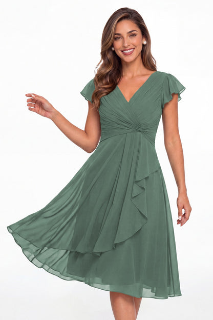 Eucalyptus V Neck Chiffon Flutter Sleeve Short Bridesmaid Dress - Front View
