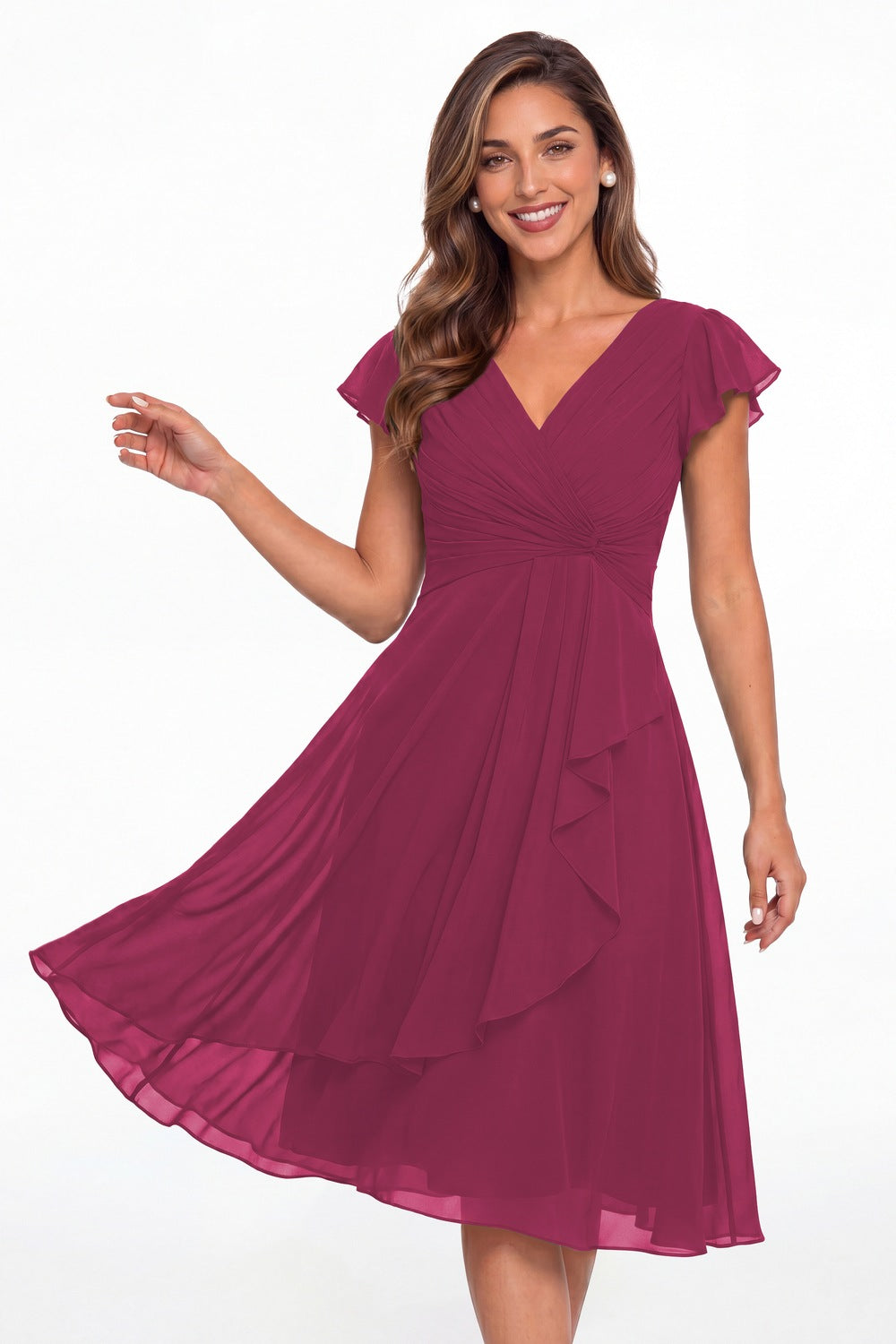 Fuchsia V Neck Chiffon Flutter Sleeve Short Bridesmaid Dress - Front View