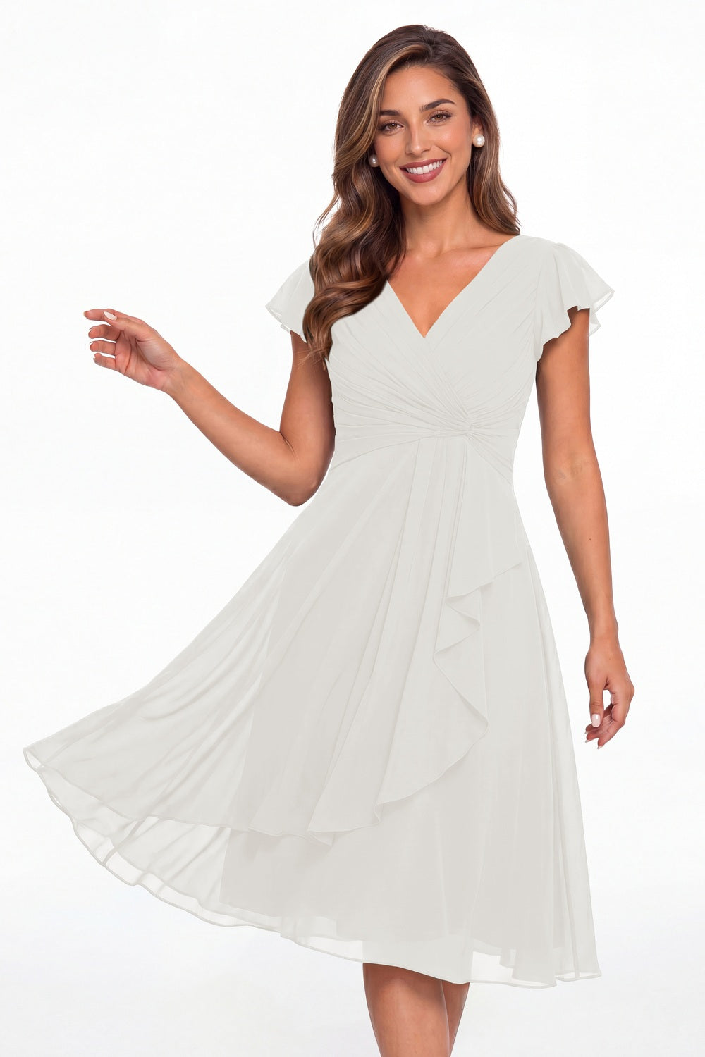 Ivory V Neck Chiffon Flutter Sleeve Short Bridesmaid Dress - Front View