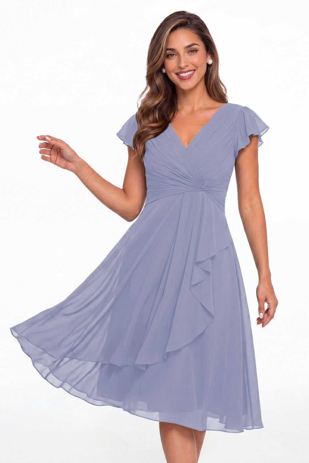 Lavender V Neck Chiffon Flutter Sleeve Short Bridesmaid Dress - Front View