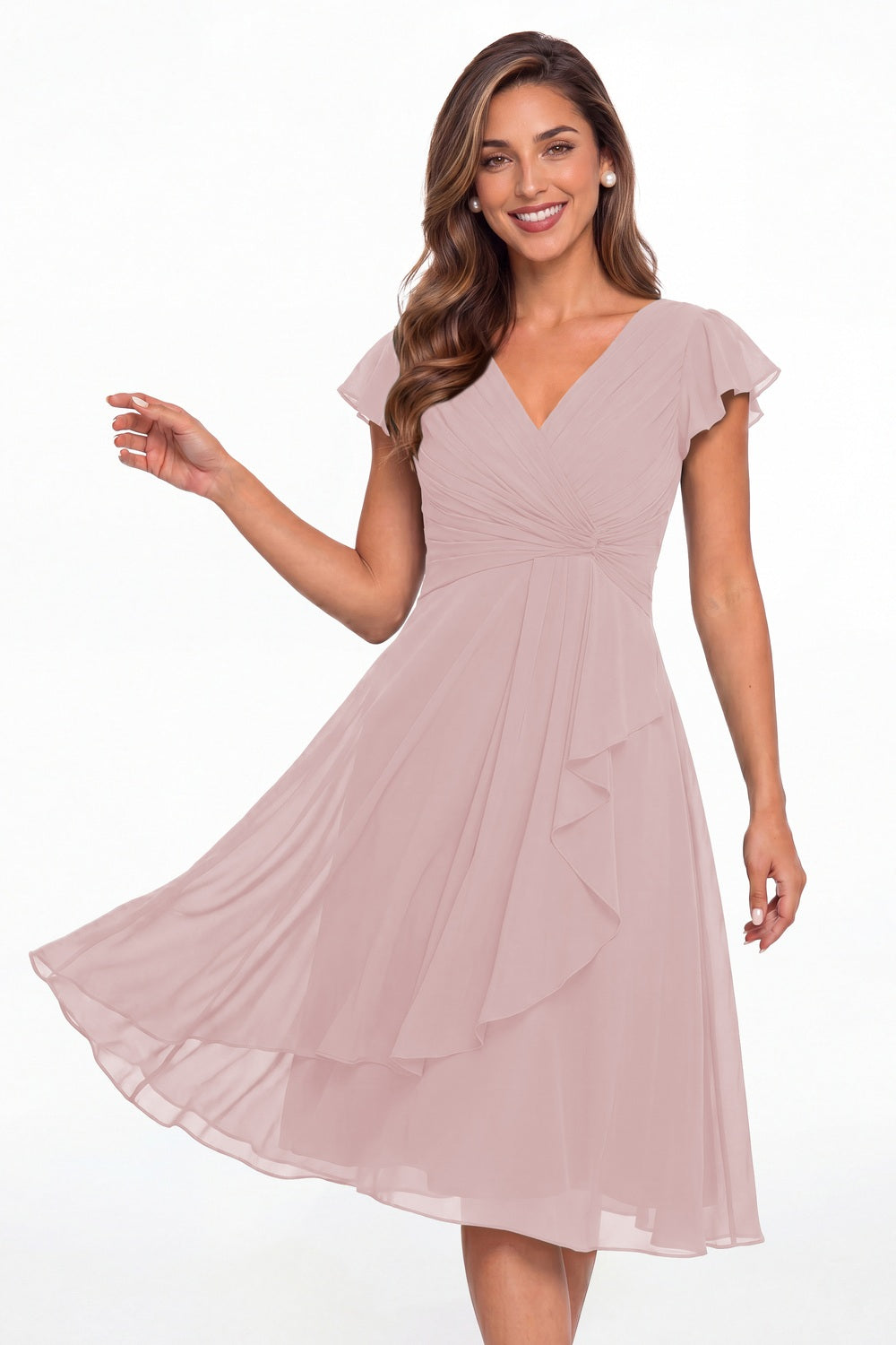 Light Pink V Neck Chiffon Flutter Sleeve Short Bridesmaid Dress - Front View