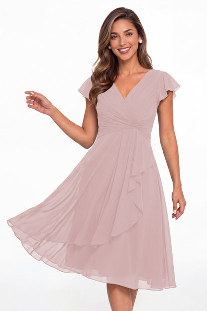 Light Pink V Neck Chiffon Flutter Sleeve Short Bridesmaid Dress - Front View