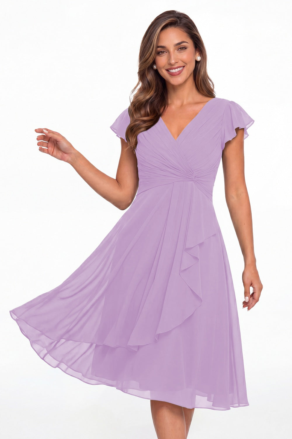 Lilac V Neck Chiffon Flutter Sleeve Short Bridesmaid Dress - Front View