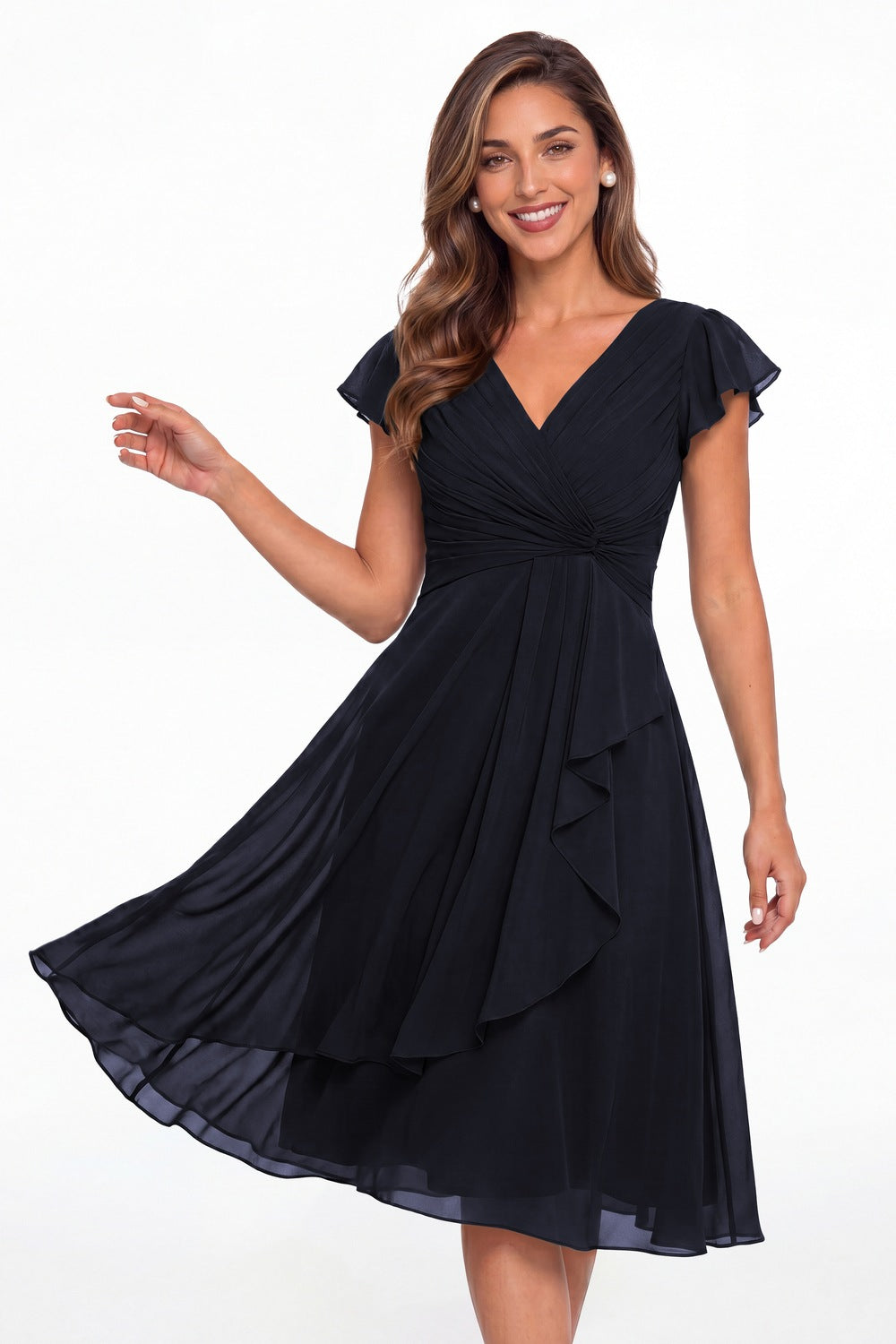 Navy Blue V Neck Chiffon Flutter Sleeve Short Bridesmaid Dress - Front View