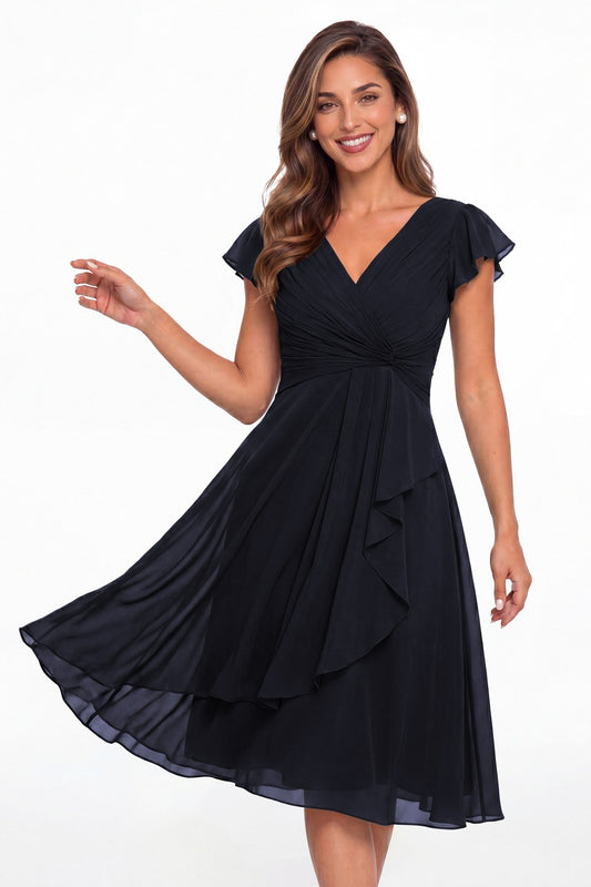 Navy Blue V Neck Chiffon Flutter Sleeve Short Bridesmaid Dress - Front View