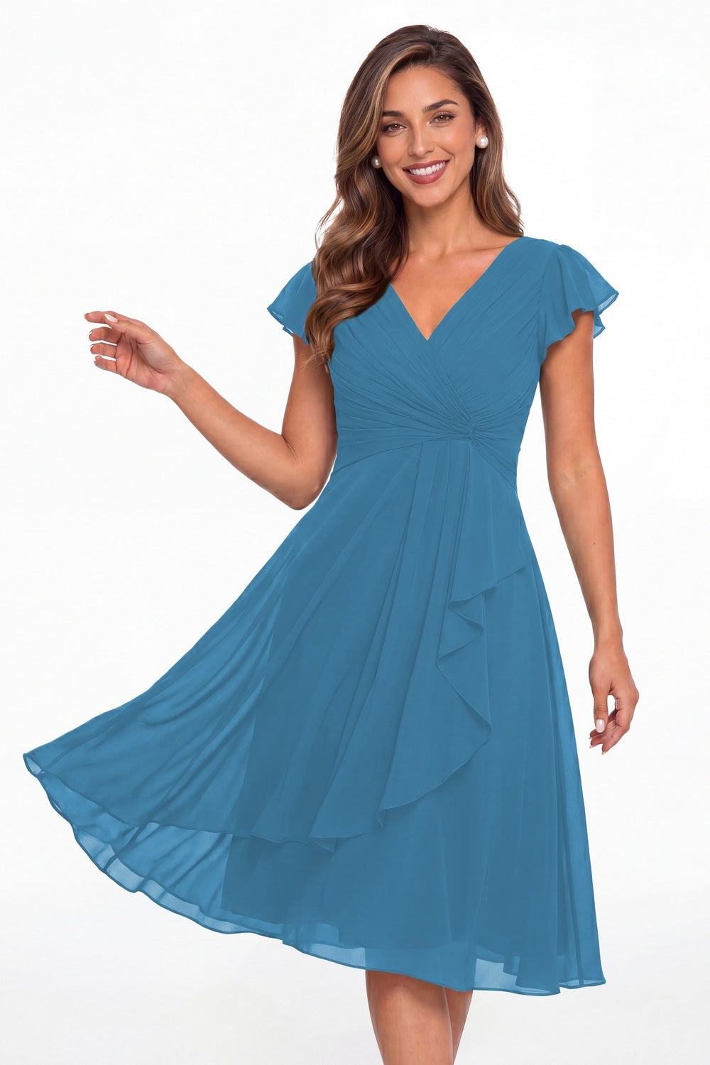 Ocean Blue V Neck Chiffon Flutter Sleeve Short Bridesmaid Dress - Front View