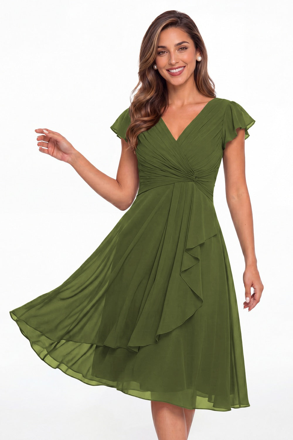 Olive Green V Neck Chiffon Flutter Sleeve Short Bridesmaid Dress - Front View