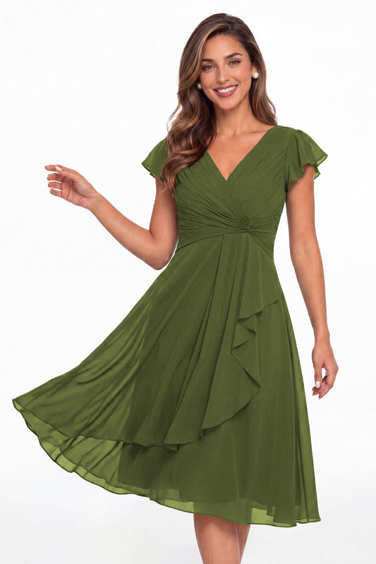 Olive Green V Neck Chiffon Flutter Sleeve Short Bridesmaid Dress - Front View