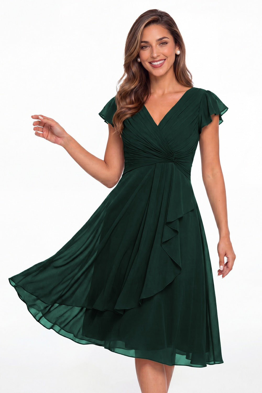 Peacock V Neck Chiffon Flutter Sleeve Short Bridesmaid Dress - Front View