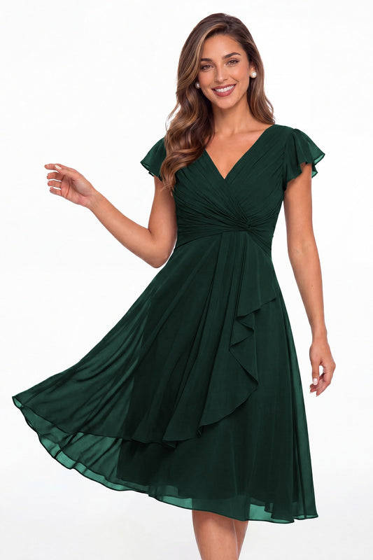 Peacock V Neck Chiffon Flutter Sleeve Short Bridesmaid Dress - Front View