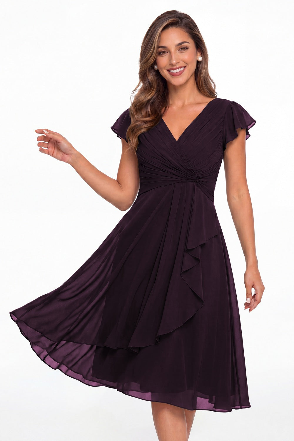 Plum V Neck Chiffon Flutter Sleeve Short Bridesmaid Dress - Front View