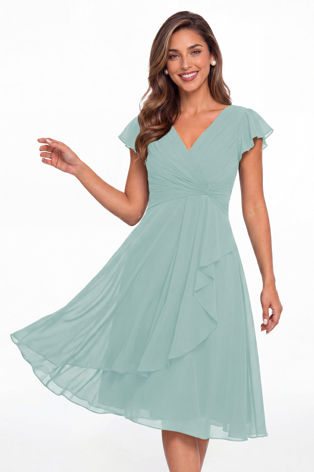 Powder Blue V Neck Chiffon Flutter Sleeve Short Bridesmaid Dress - Front View