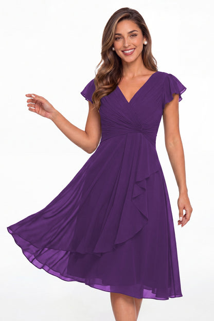 Purple V Neck Chiffon Flutter Sleeve Short Bridesmaid Dress - Front View