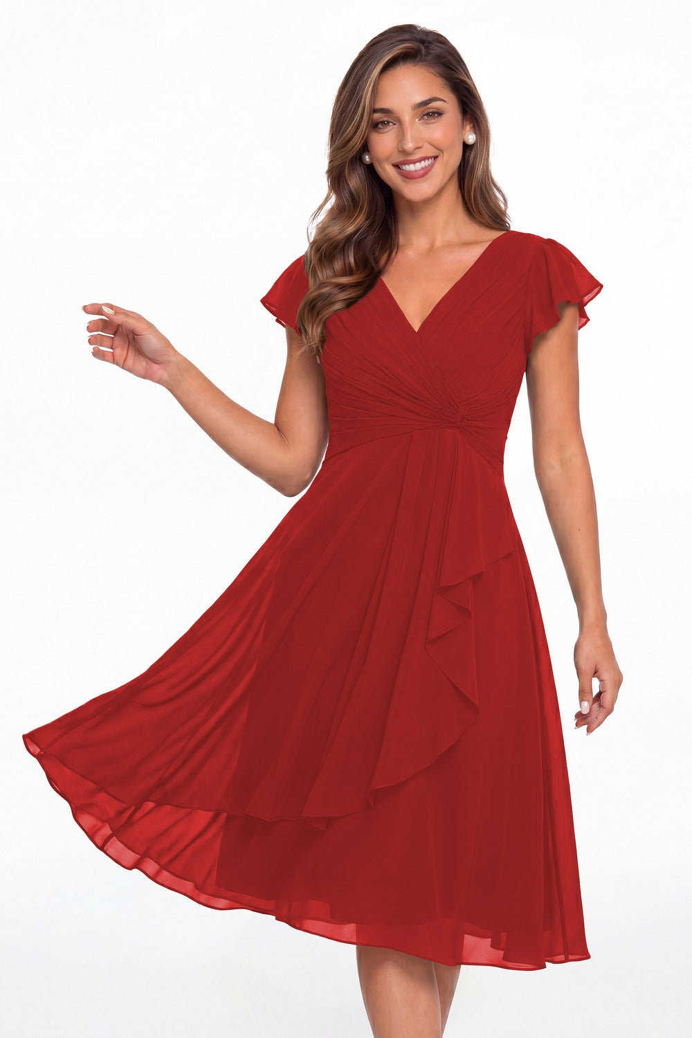 Red V Neck Chiffon Flutter Sleeve Short Bridesmaid Dress - Front View