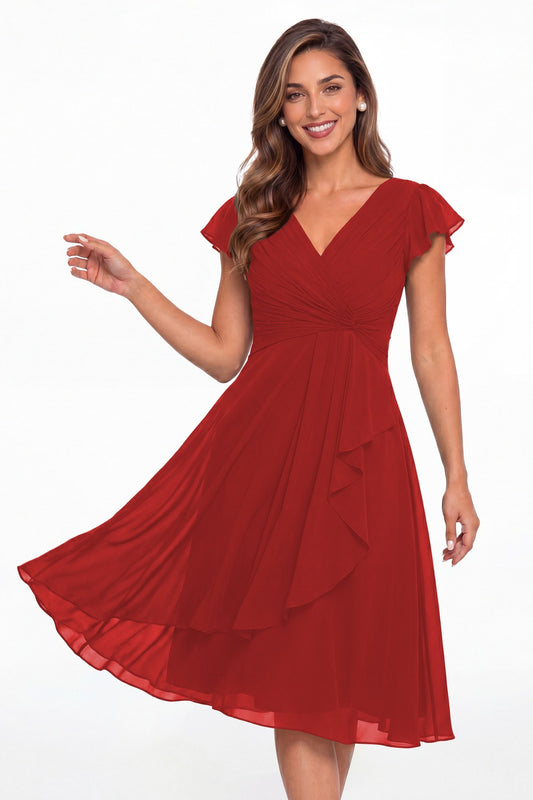Red V Neck Chiffon Flutter Sleeve Short Bridesmaid Dress - Front View