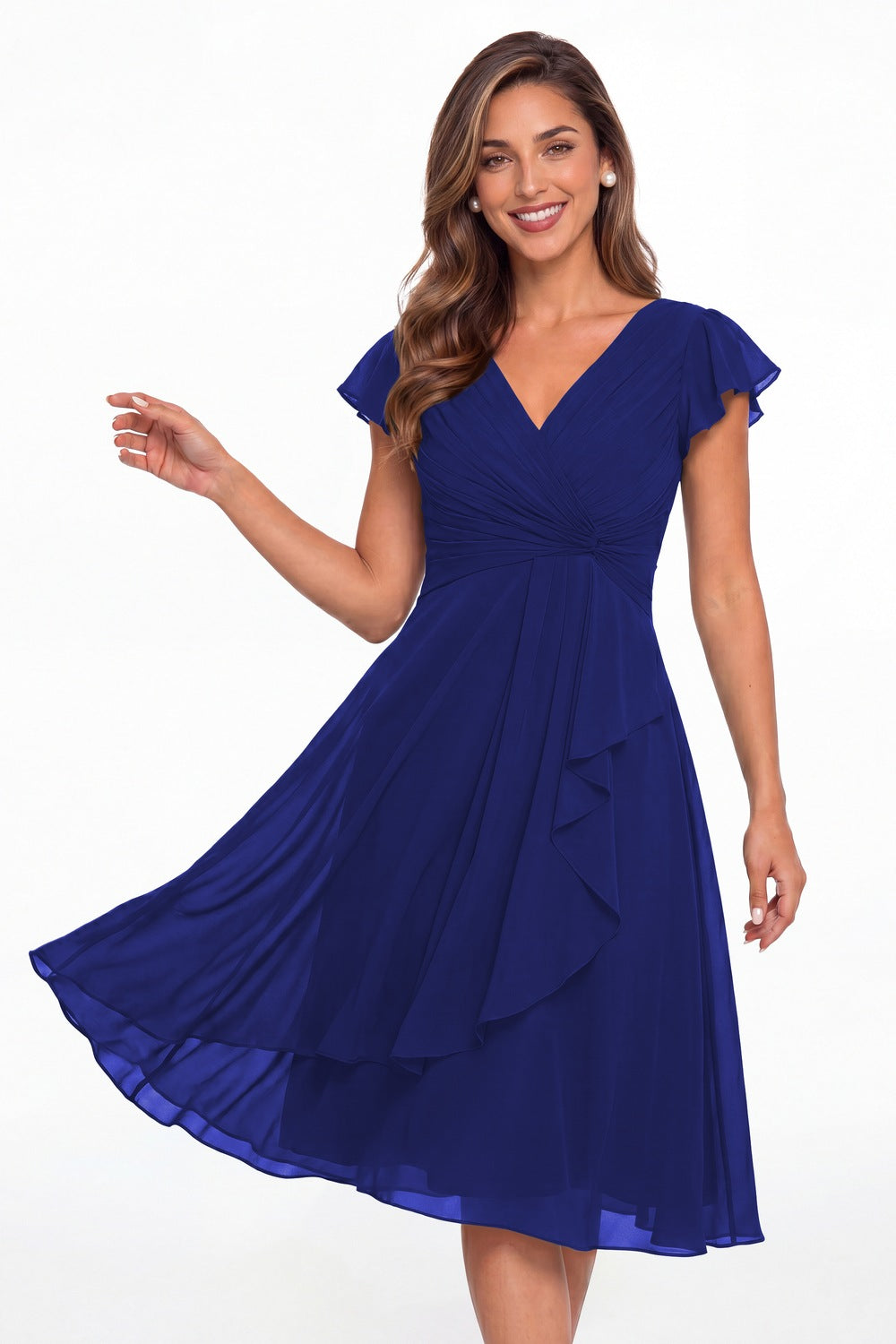 Royal Blue V Neck Chiffon Flutter Sleeve Short Bridesmaid Dress - Front View
