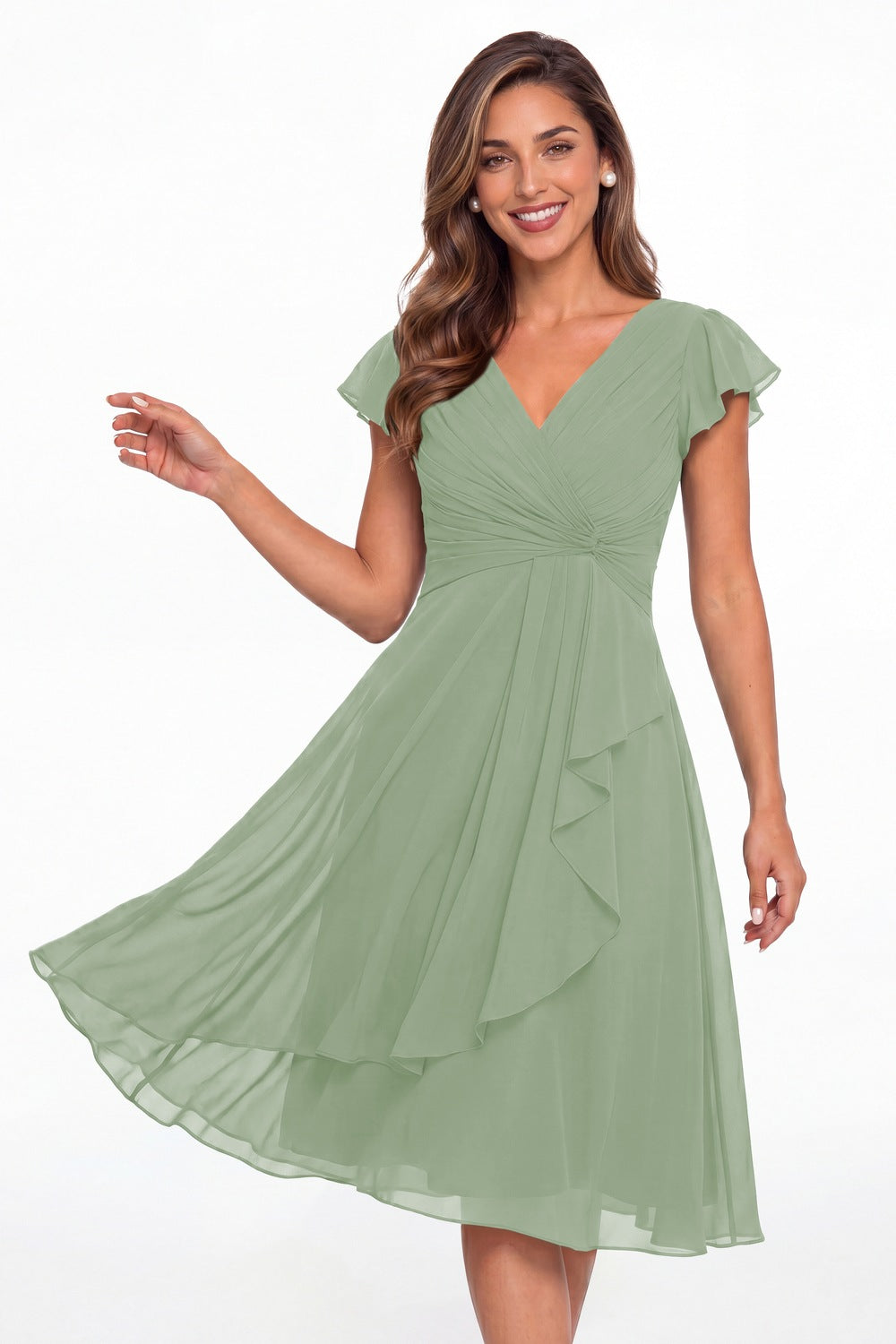 Sage Green V Neck Chiffon Flutter Sleeve Short Bridesmaid Dress - Front View