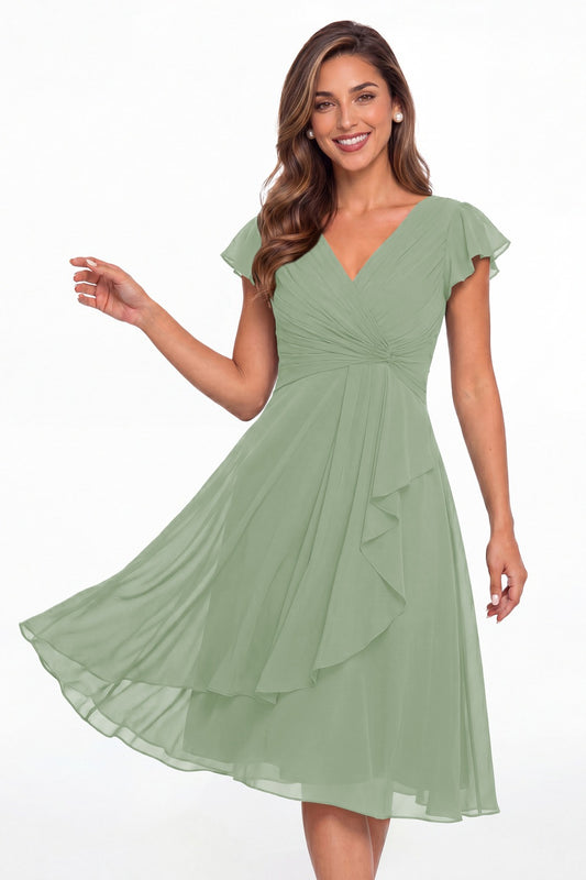 Sage Green V Neck Chiffon Flutter Sleeve Short Bridesmaid Dress - Front View