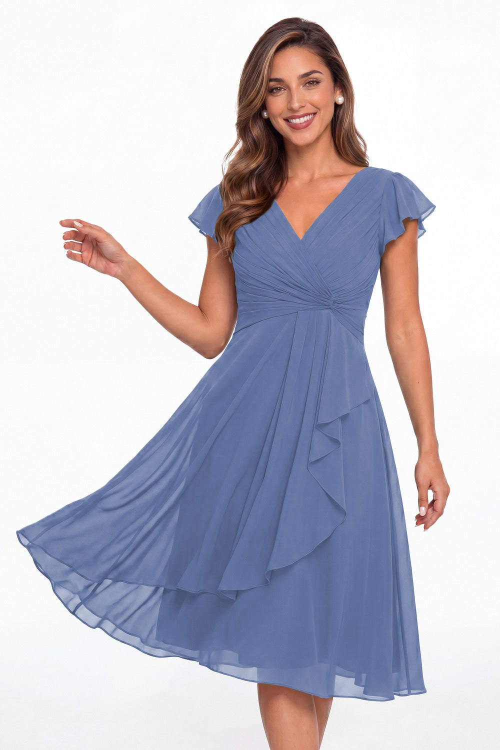 Steel Blue V Neck Chiffon Flutter Sleeve Short Bridesmaid Dress - Front View