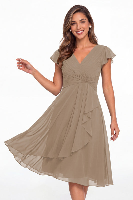 Taupe V Neck Chiffon Flutter Sleeve Short Bridesmaid Dress - Front View
