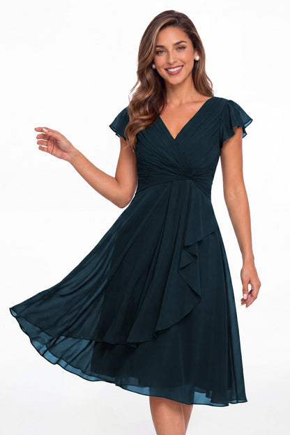 Teal V Neck Chiffon Flutter Sleeve Short Bridesmaid Dress - Front View