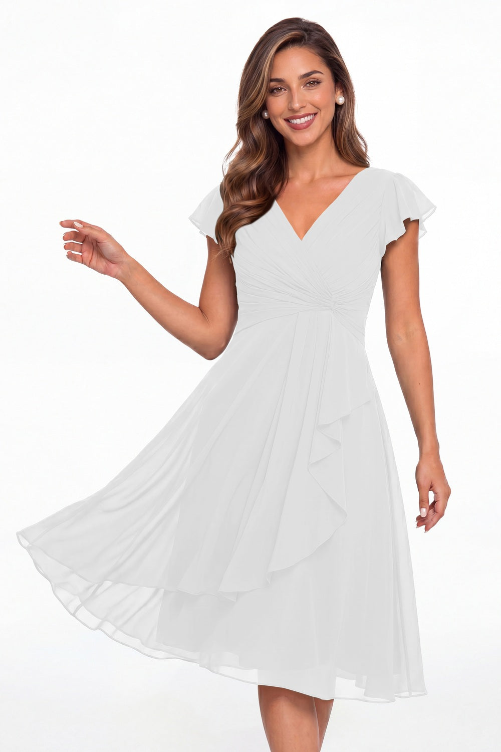 White V Neck Chiffon Flutter Sleeve Short Bridesmaid Dress - Front View