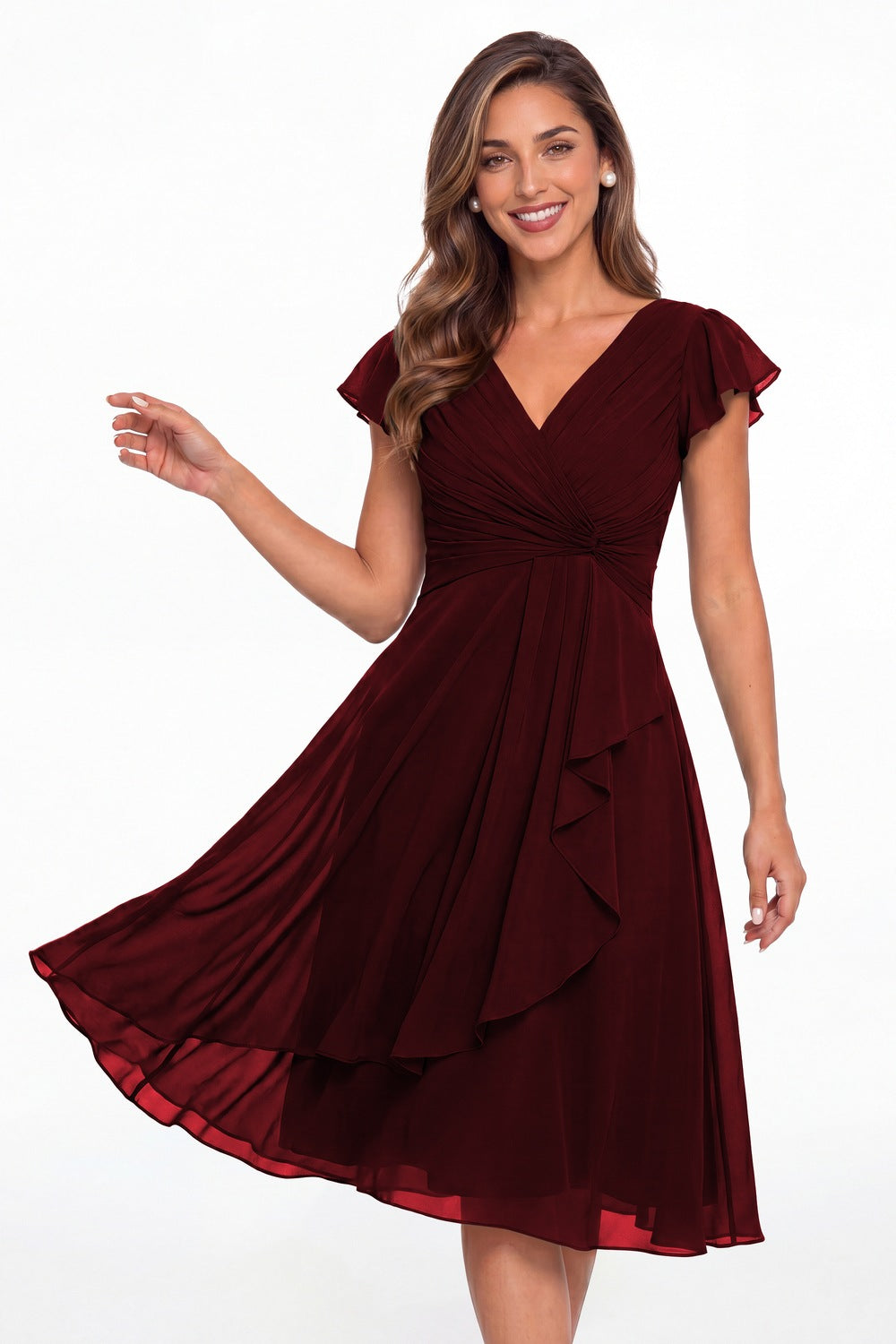 Wine Red V Neck Chiffon Flutter Sleeve Short Bridesmaid Dress - Front View