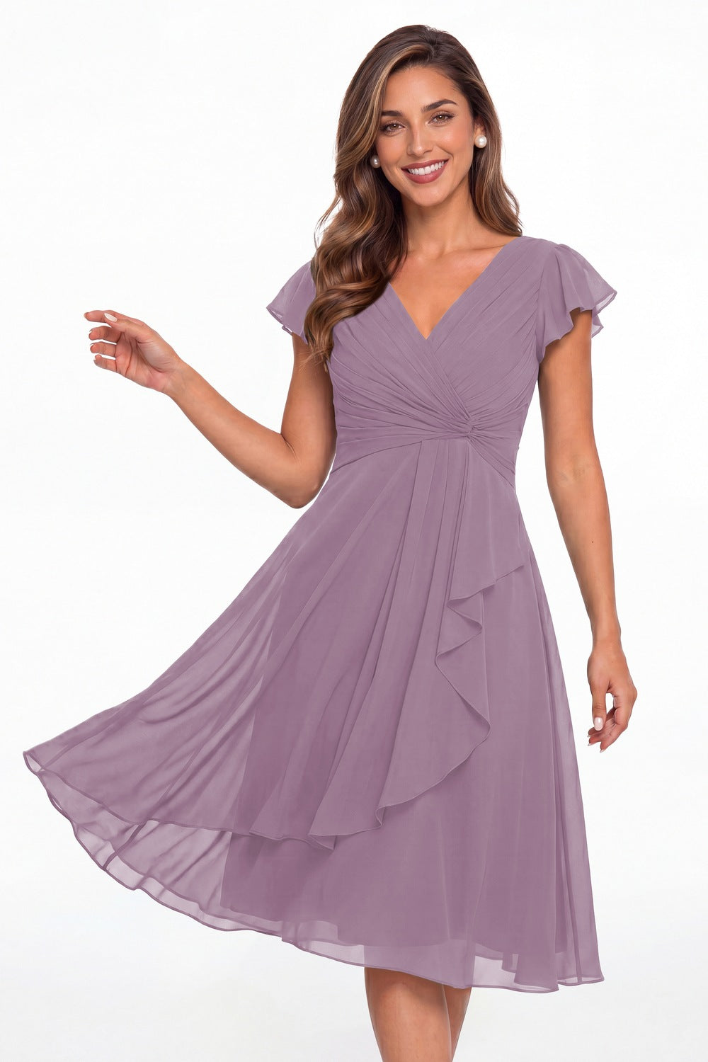 Wisteria V Neck Chiffon Flutter Sleeve Short Bridesmaid Dress - Front View