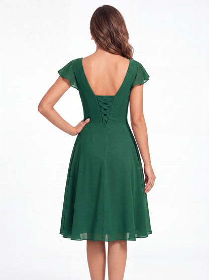 Aqua Blue V Neck Chiffon Flutter Sleeve Short Bridesmaid Dress - Front View