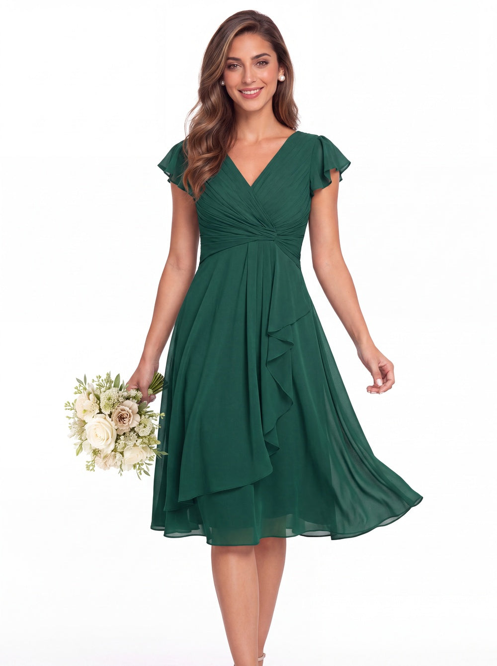 V Neck Chiffon Flutter Sleeve Short Bridesmaid Dress - Back View