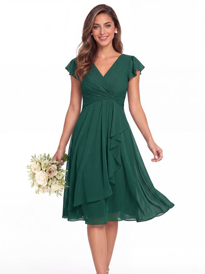 V Neck Chiffon Flutter Sleeve Short Bridesmaid Dress - Back View