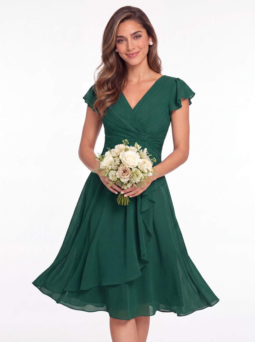 V Neck Chiffon Flutter Sleeve Short Bridesmaid Dress - Detail View 1