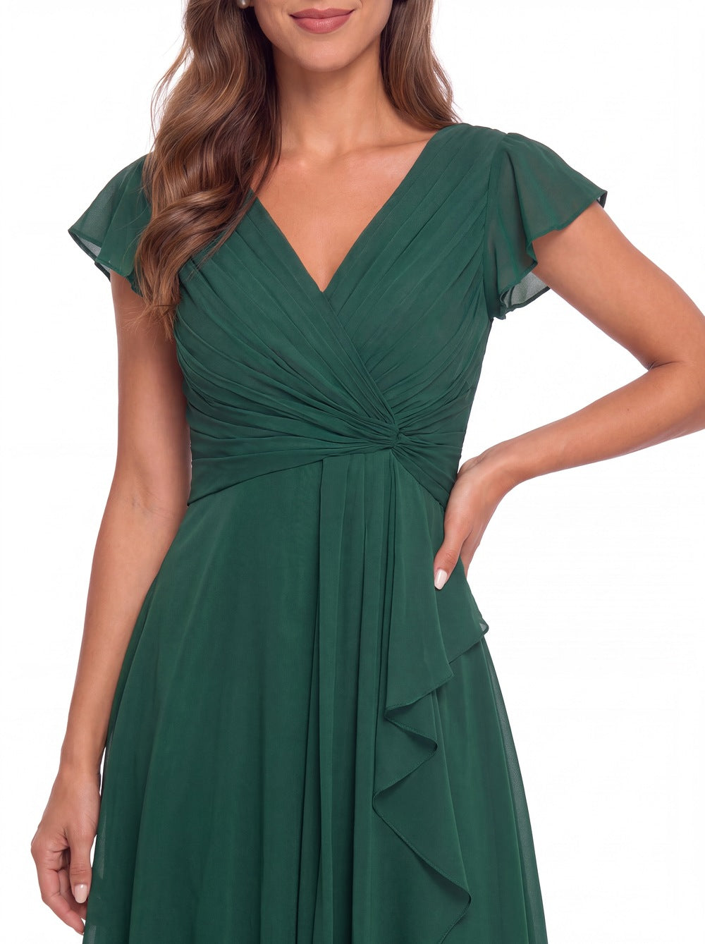 V Neck Chiffon Flutter Sleeve Short Bridesmaid Dress - Detail View 2